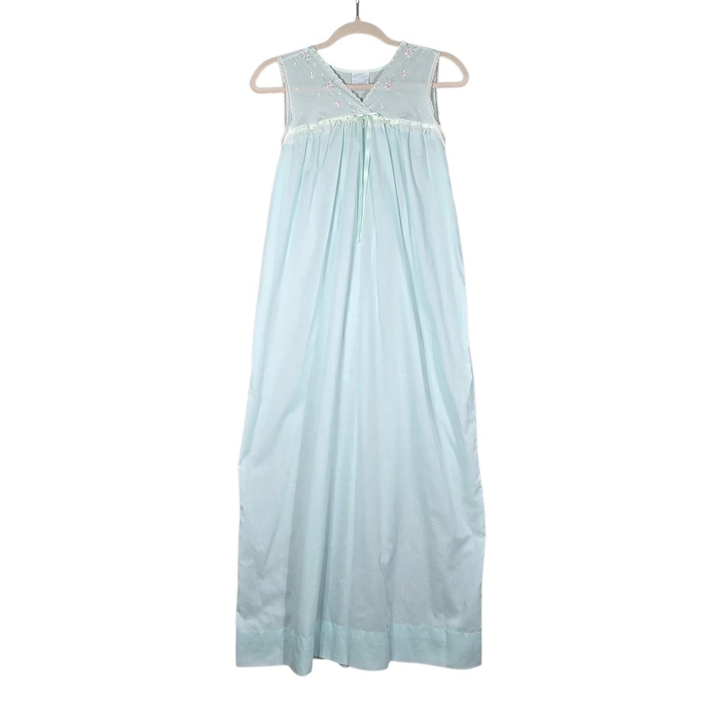 Merville Vintage 70s Nightgown Womens S Blue Embroidered Lace Maxi Gown Made USA